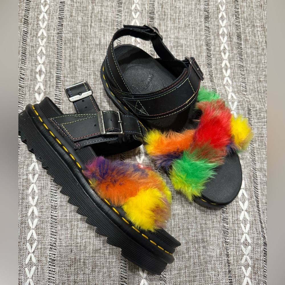 Dr Martens Voss II Fluffy Black/Rainbow Sandals Womens